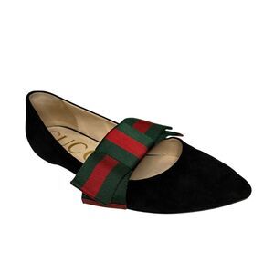 Gucci Web Bow Black Suede Pointed Toe Ballet Flats EU 36.5 Designer Shoes